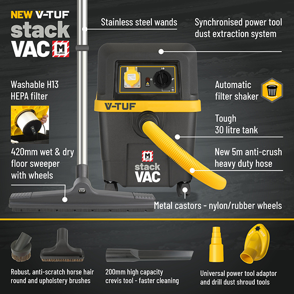 V-TUF STACKVAC Syncro M Class Wet & Dry Dust Extractor 30L (110V) - New Health & Safety Version
